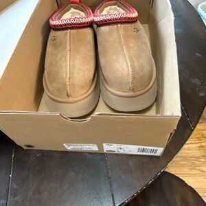 UGG Brown Suede Slippers with Red Accent